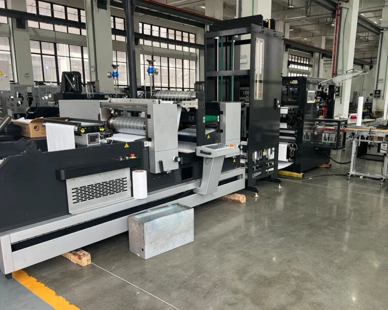 alt="Complete label converting machinery workshop, slitter rewinder, die cutting machine matched with label printing machine"