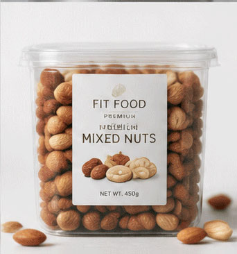 Flexible packaging label on mixed nuts container