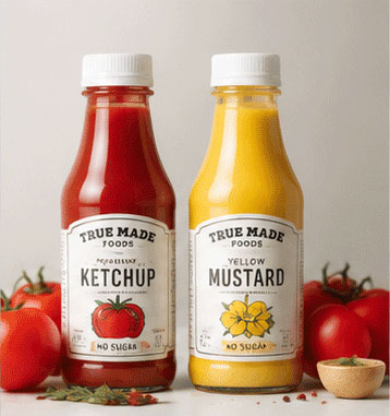 Food condiment labels on ketchup and mustard bottles