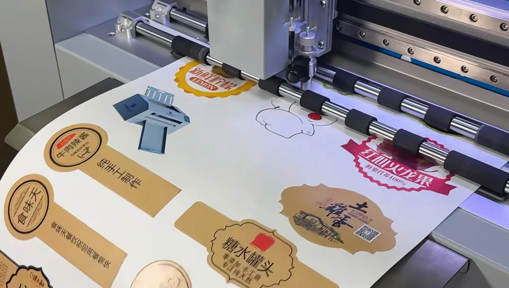 GGIN label die cutting machine processing multi-shape self-adhesive labels — precision kiss-cut operation on paper label stock with multiple die-cut shapes