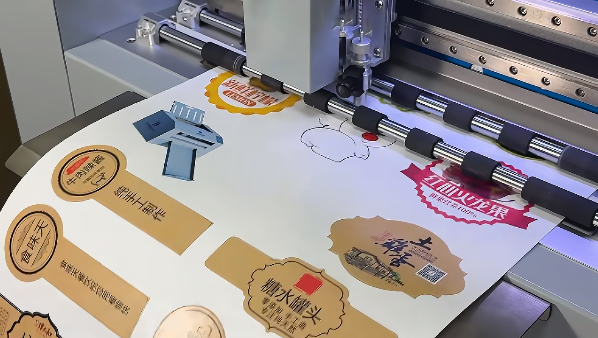GGIN label die cutting machine processing multi-shape self-adhesive labels — precision kiss-cut operation on paper label stock with multiple die-cut shapes