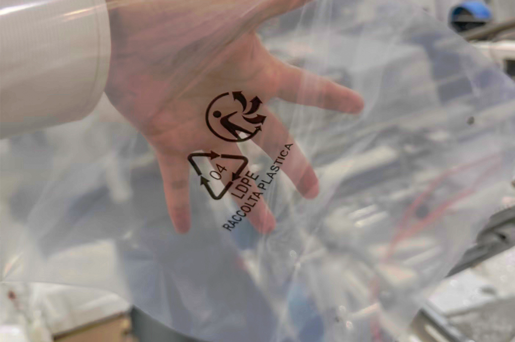 LDPE polyethylene flexible film with recycling symbol — lightweight packaging substrate compatible with flexographic printing and slitting converting
