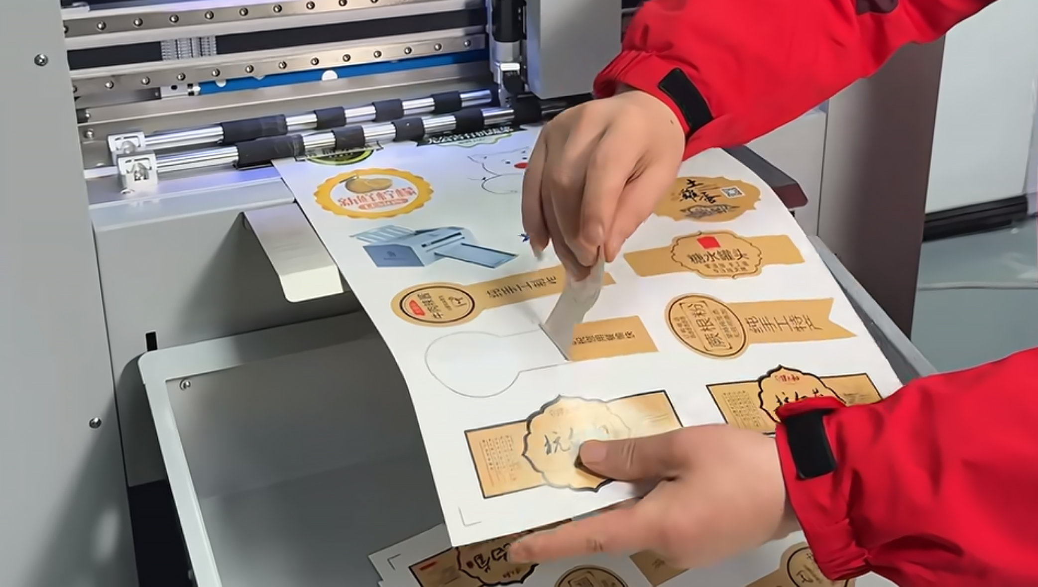 Operator peeling self-adhesive labels cleanly from backing sheet