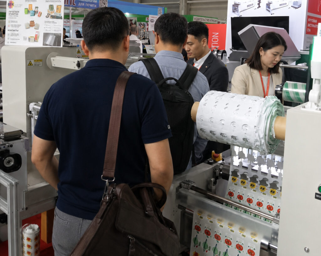 Label die cutting machine demonstration with visitors at international printing equipment exhibition