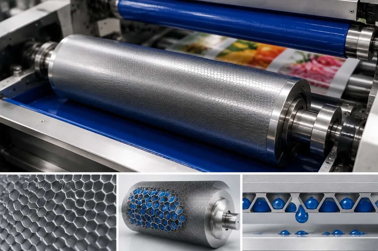 Anilox roller for controlled ink transfer in flexographic printing