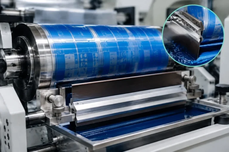 Doctor blade system and anilox roller in flexographic printing