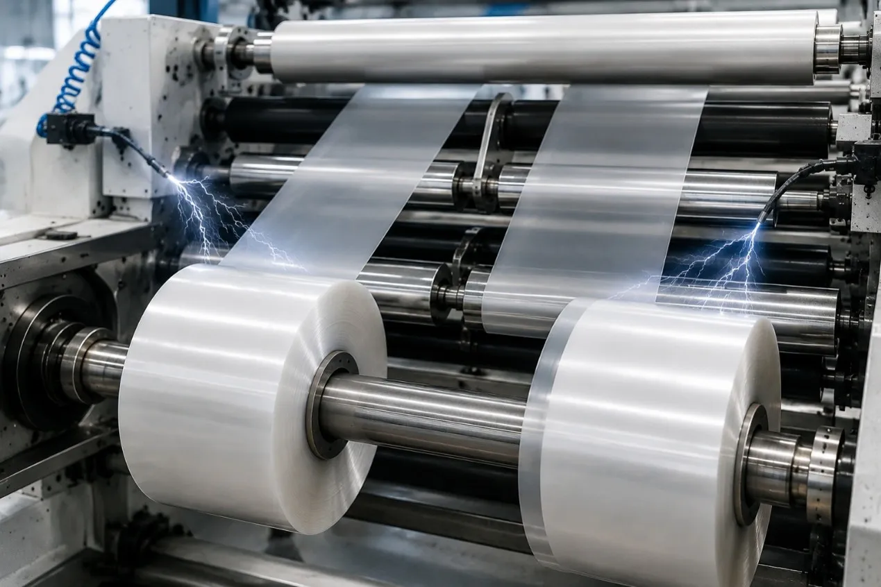 Static electricity control during film slitting and rewinding